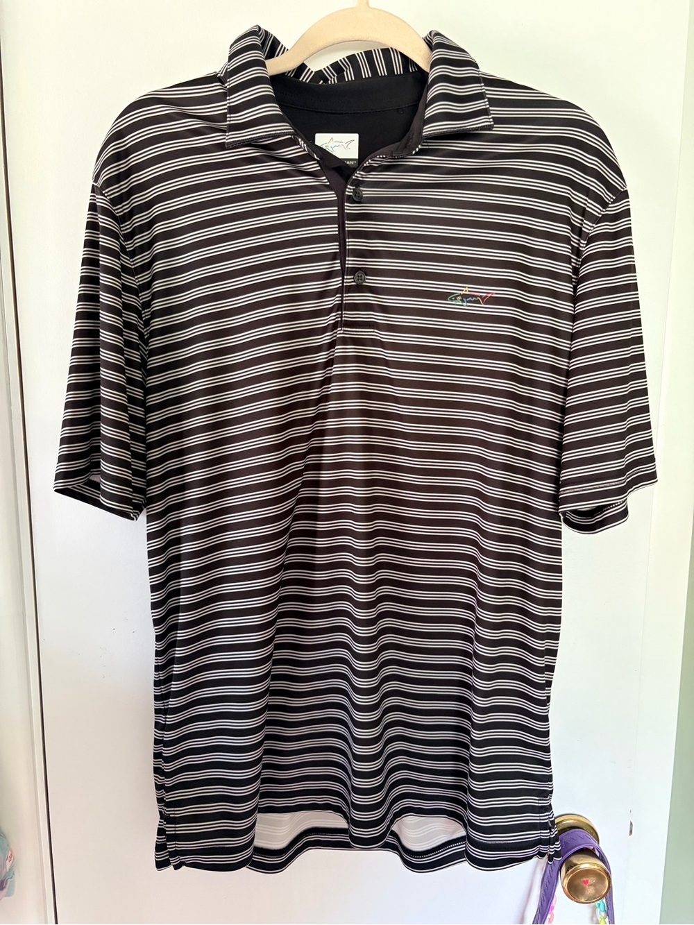 Greg Norman Collection Black and White Striped Polo
